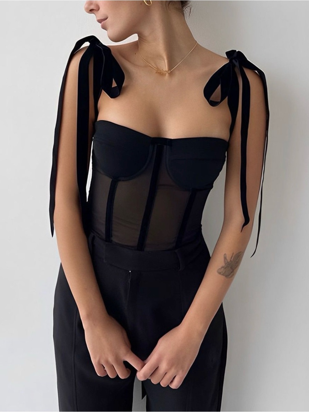 NWT - COMMENSE Semi-Sheer Mesh Corset Tie Strap Crop Top | Medium